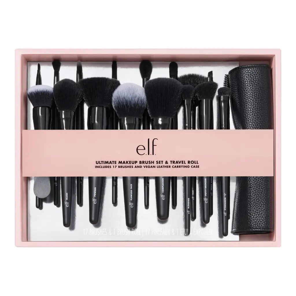 e.l.f. Ultimate Makeup Brush Set & Travel Roll 17-Piece Brush Kit Brushes For 